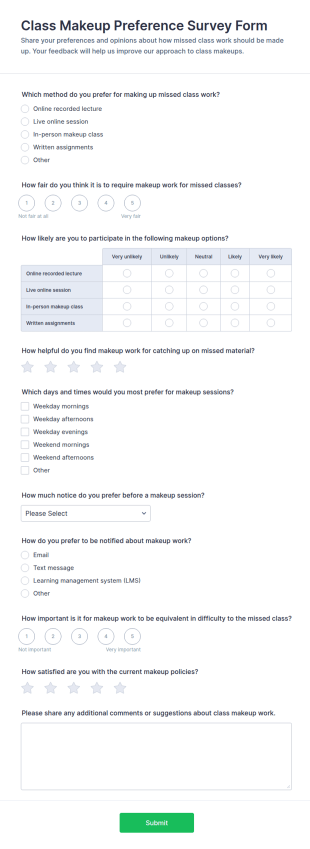 Class Makeup Preference Survey Form Template