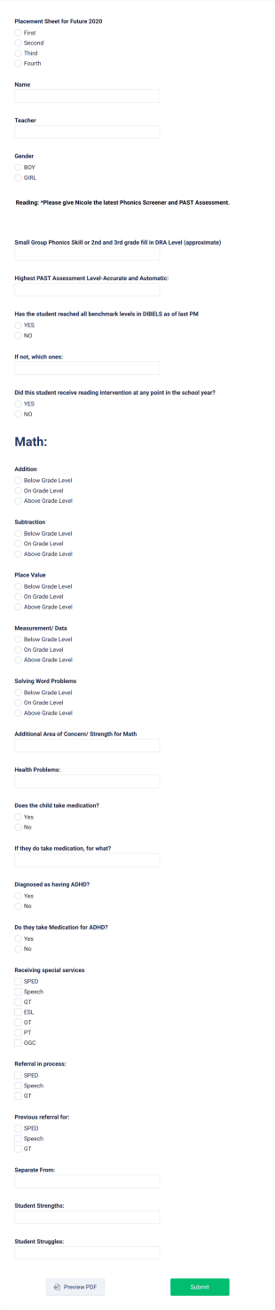 Class Placement Form Template