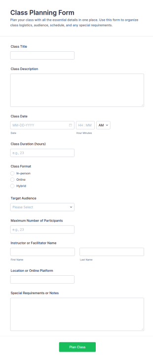 Class Planning Form Template