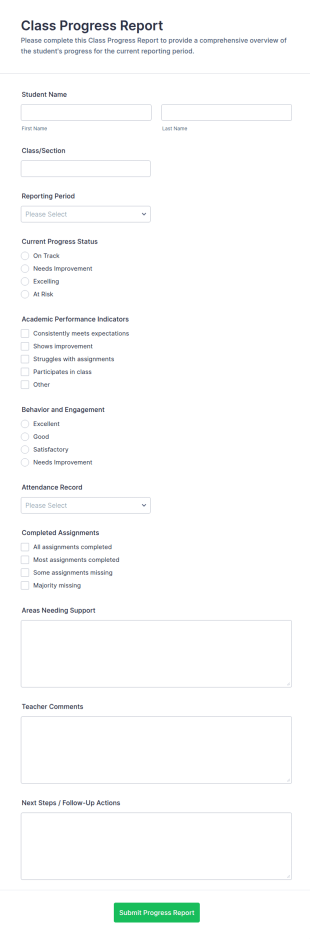 Class Progress Report Form Template