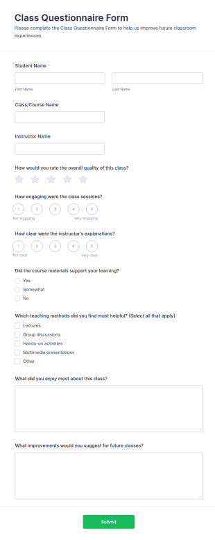 Class Questionnaire Form Template