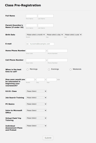 Education Class Registration Form Template