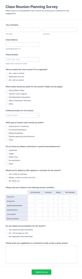Class Reunion Planning Survey Form Template