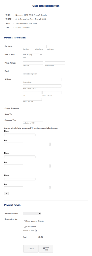 Class Reunion Registration Form Template