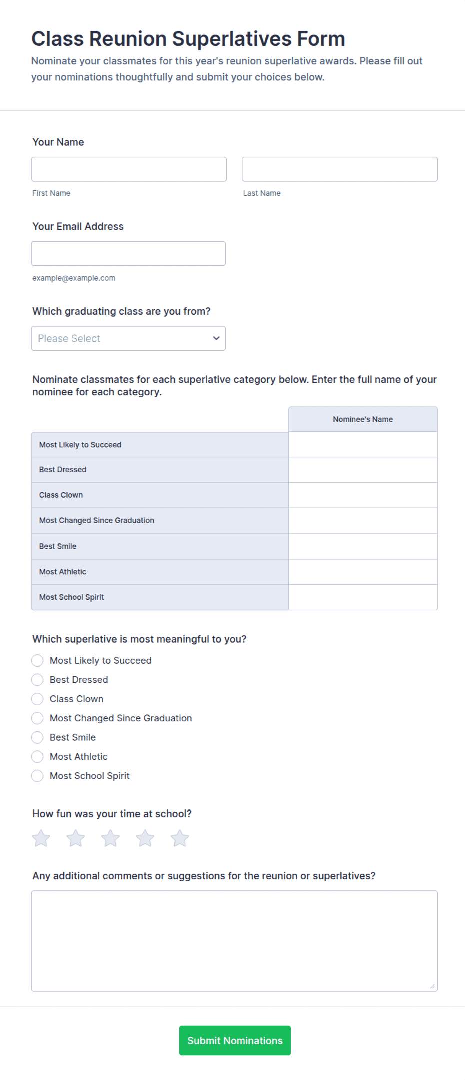 Class Reunion Superlatives Form Template | Jotform