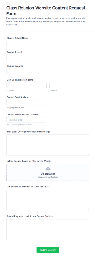 Class Reunion Website Content Request Form Template