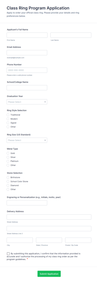 Class Ring Program Application Form Template