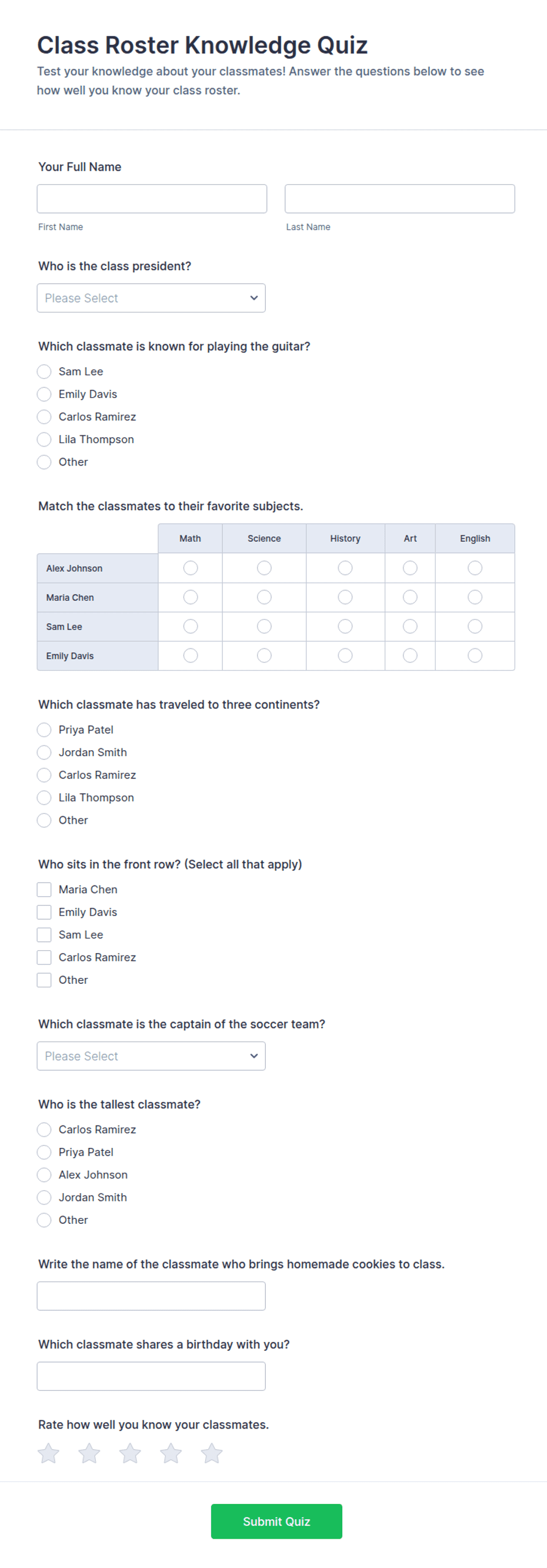 Class Roster Knowledge Quiz Form Template | Jotform