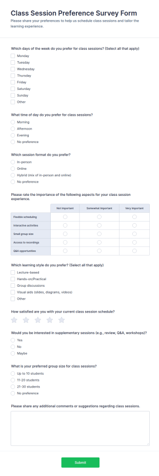 Class Session Preference Survey Form Template