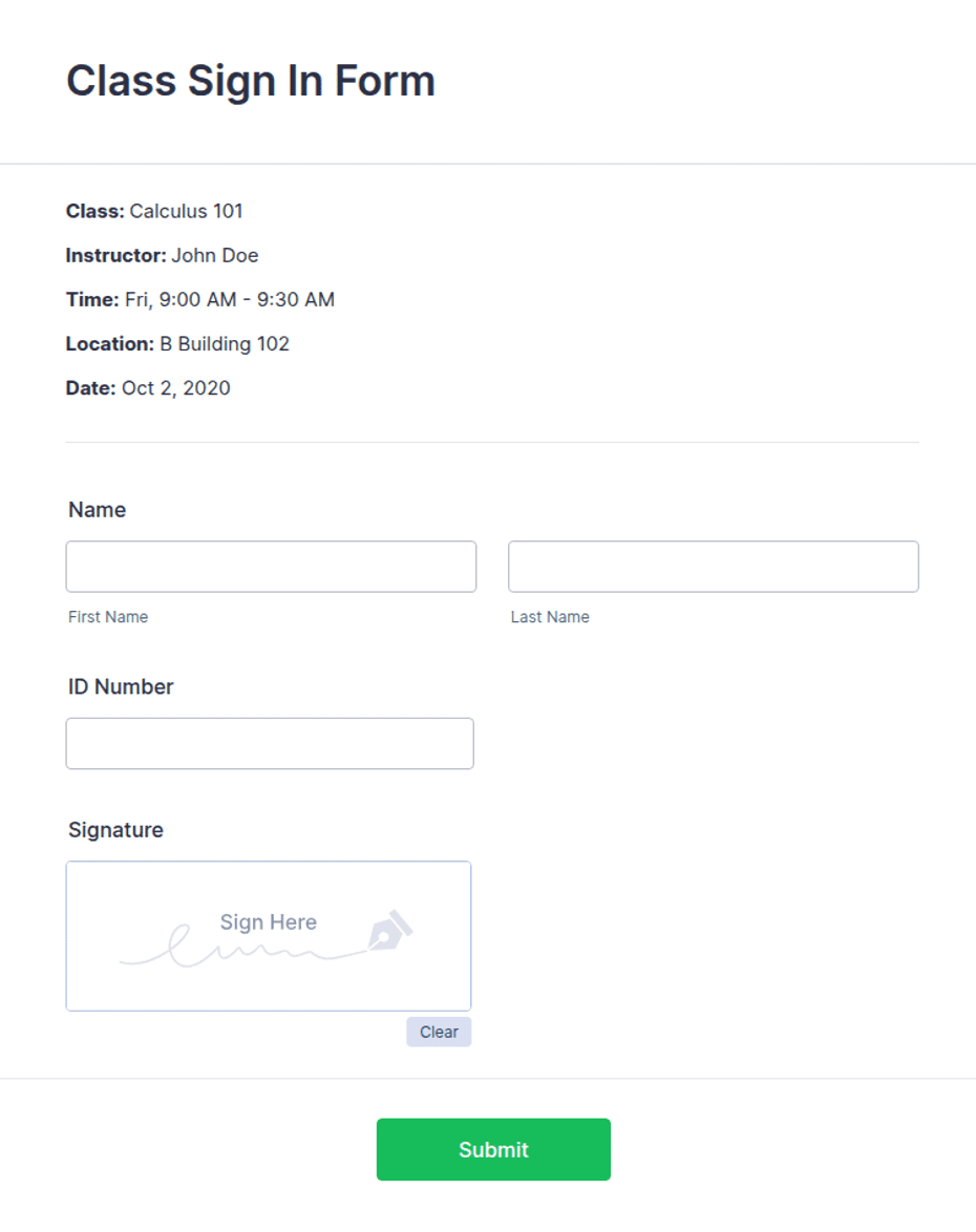 Sign In Form Example Class Sign In Form Template | Jotform