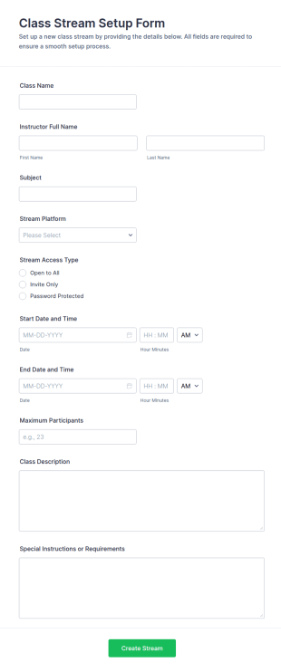 Class Stream Setup Form Template