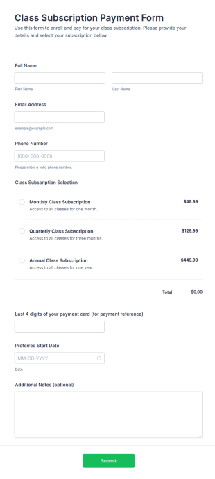 Class Subscription Payment Form Template