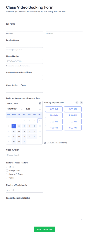 Class Video Booking Form Template
