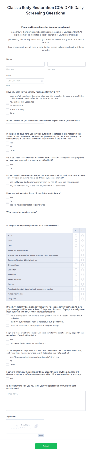Massage Therapy COVID 19 Screening Form Template