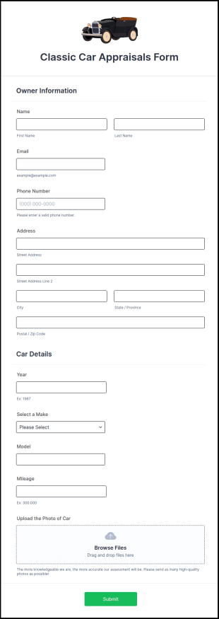 Classic Car Appraisals Form Template