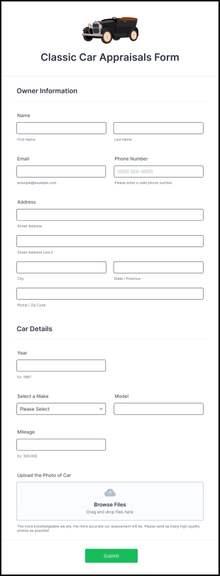 Classic Car Appraisals Form Template