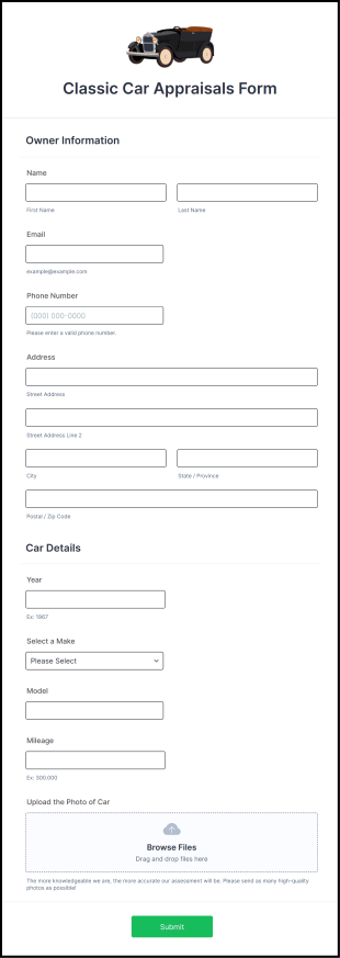 Classic Car Appraisals Form Template