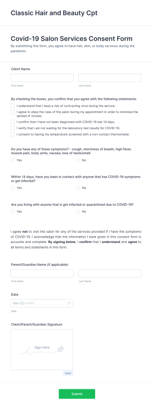 Classic Hair And Beauty Covid 19 Salon Services Consent Form Template