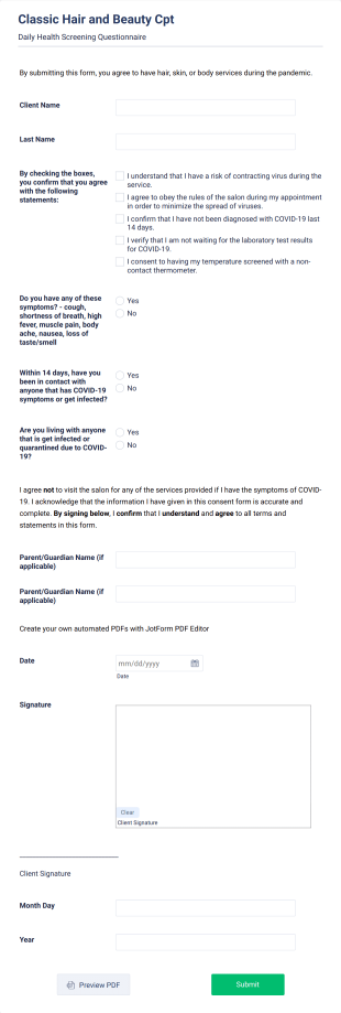 Classic Hair And Beauty Cpt Covid 19 Salon Services Consent Form Template