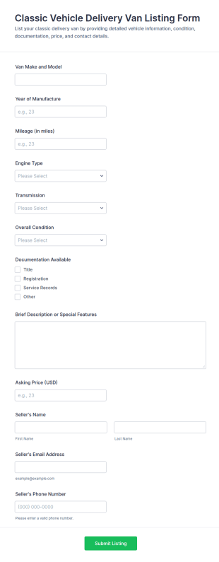 Classic Vehicle Delivery Van Listing Form Template