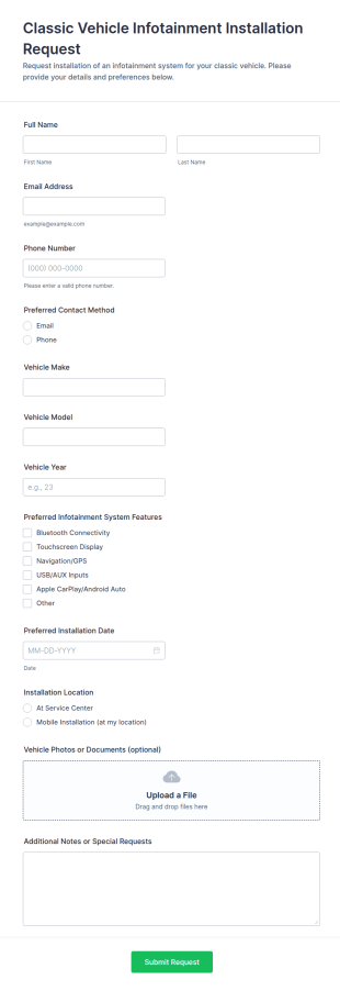 Classic Vehicle Infotainment Installation Request Form Template