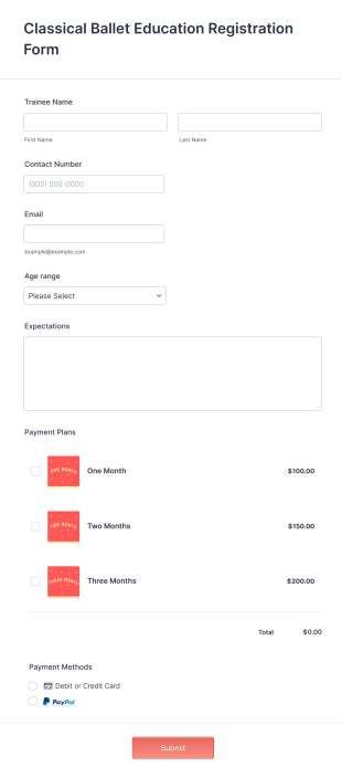 Classical Ballet Education Registration Form Template