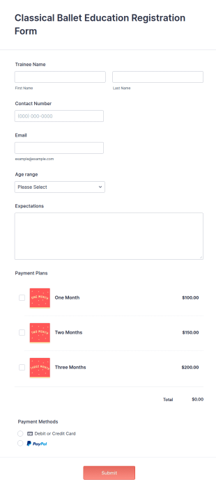 Classical Ballet Education Registration Form Template