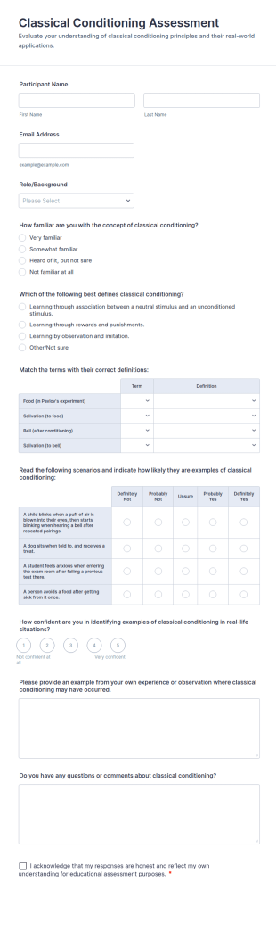 Classical Conditioning Assessment Form Template