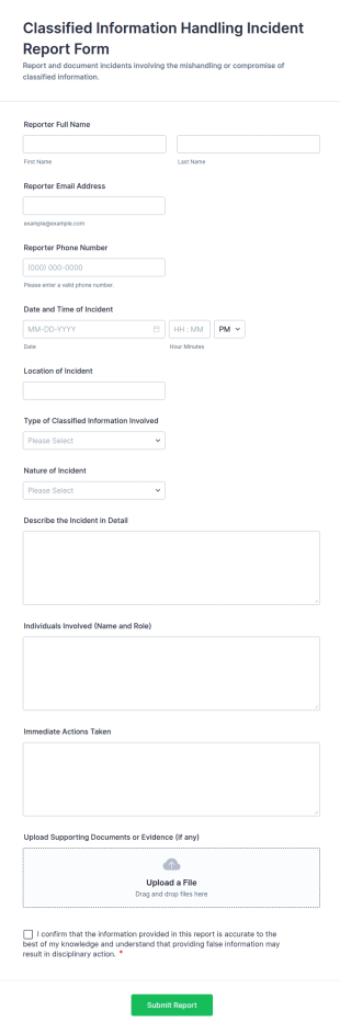 Classified Information Handling Incident Report Form Template