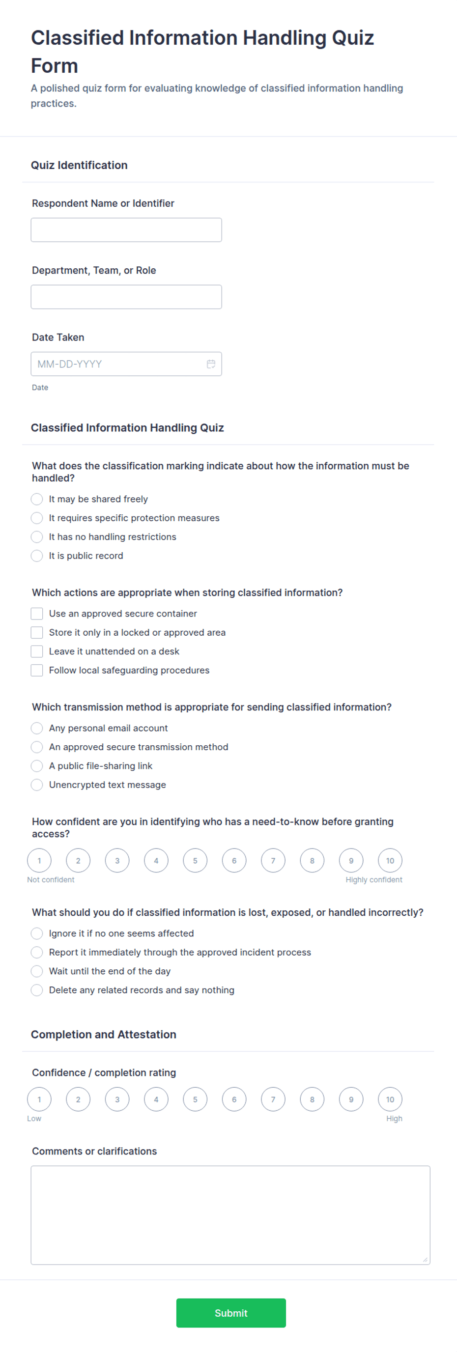 Classified Information Handling Quiz Form Template | Jotform