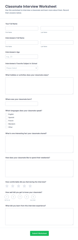 Classmate Interview Worksheet Form Template