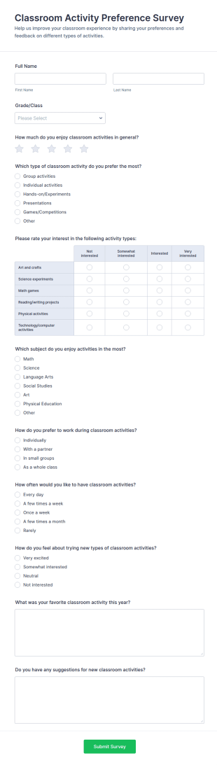 Classroom Activity Preference Survey Form Template