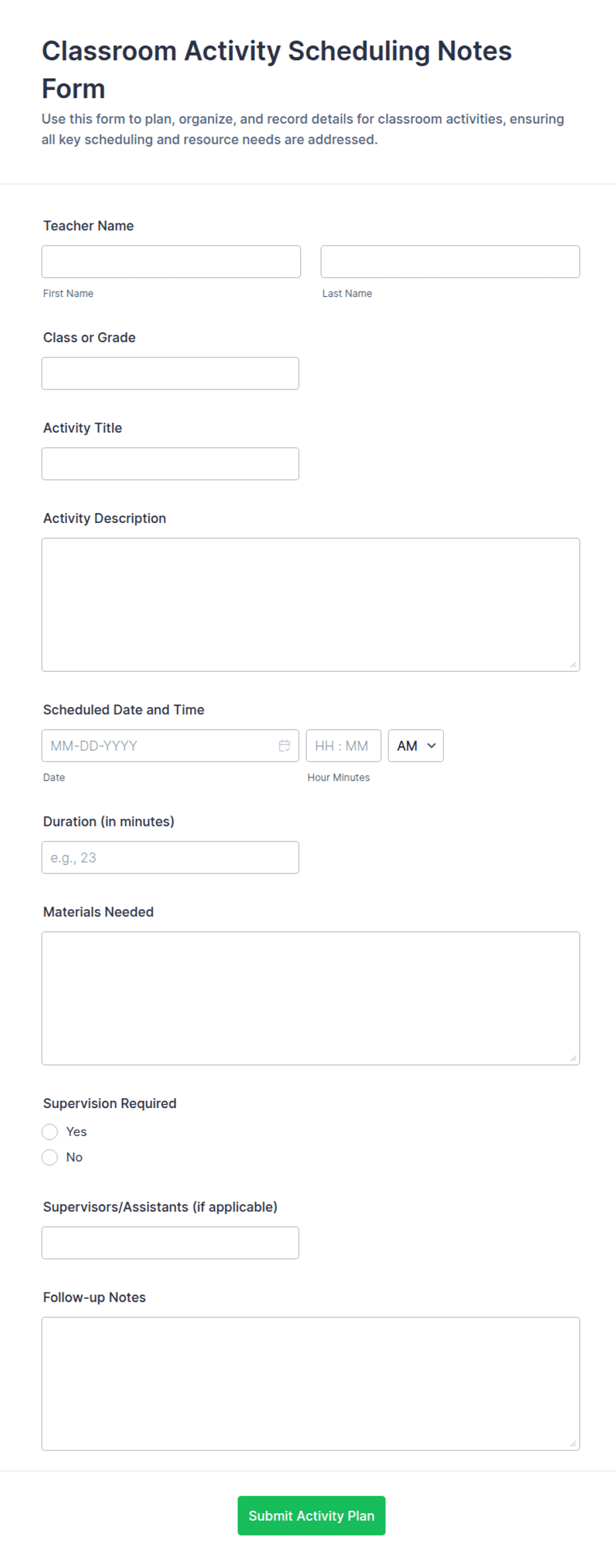 Classroom Activity Scheduling Notes Form Template | Jotform