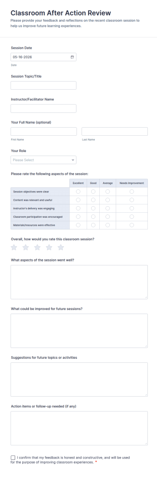 Classroom After Action Review Form Template