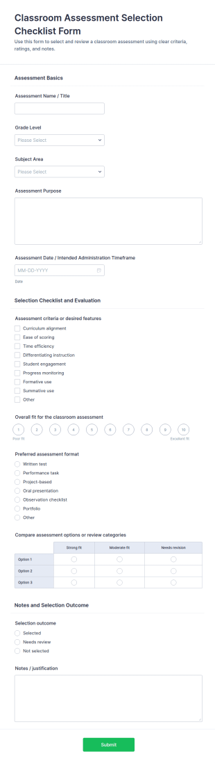Classroom Assessment Selection Checklist Form Template