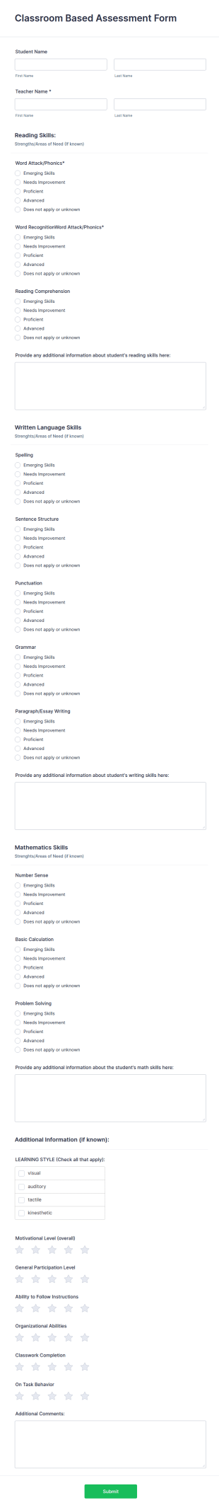 Classroom Based Assessment Form Template