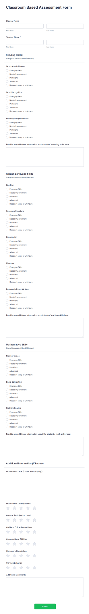 Classroom Based Assessment Form Template