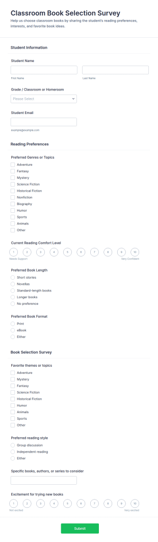 Classroom Book Selection Survey Form Template
