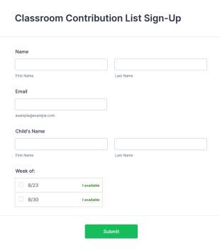 Classroom Contribution List Sign Up Form Template