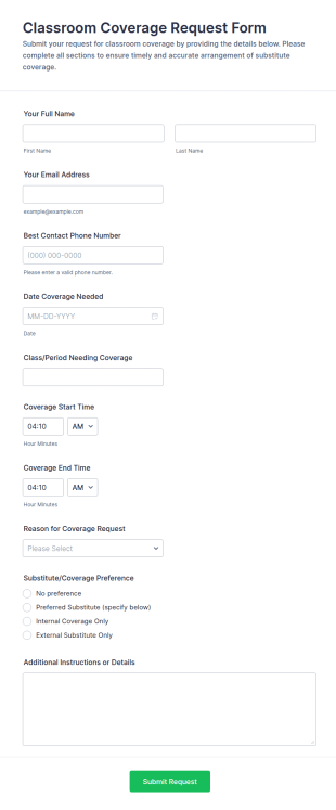 Classroom Coverage Request Form Template