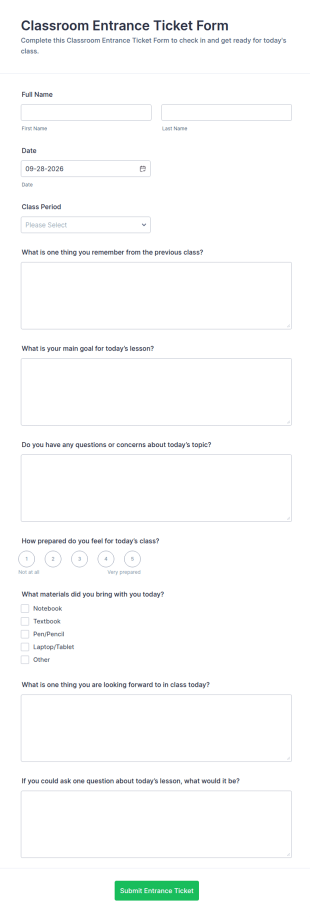 Classroom Entrance Ticket Form Template