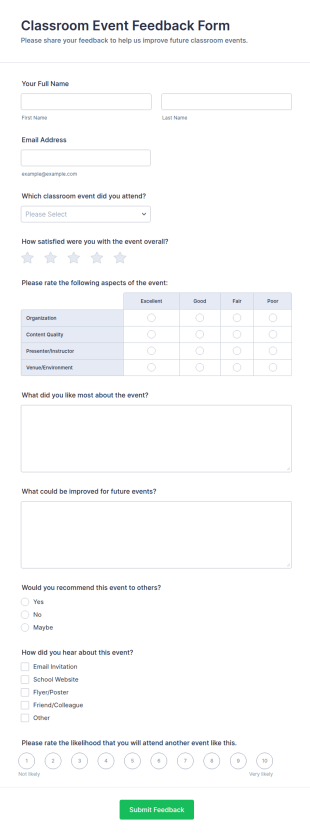 Classroom Event Feedback Form Template