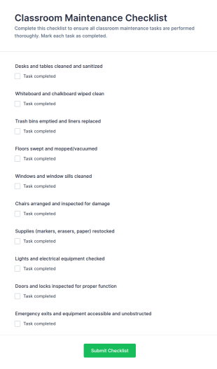 Classroom Maintenance Checklist Form Template