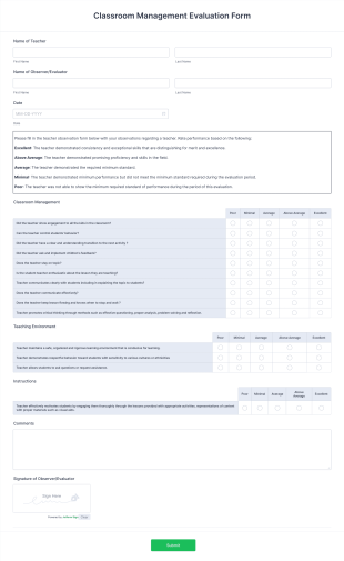 Classroom Management Evaluation Form Template