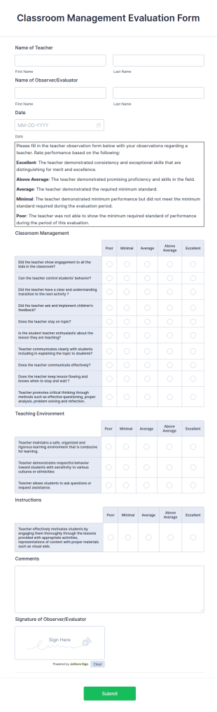 Classroom Management Evaluation Form Template