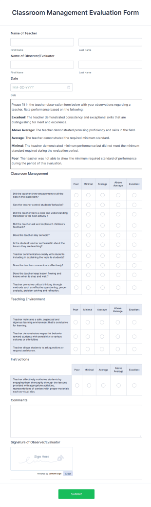 Classroom Management Evaluation Form Template