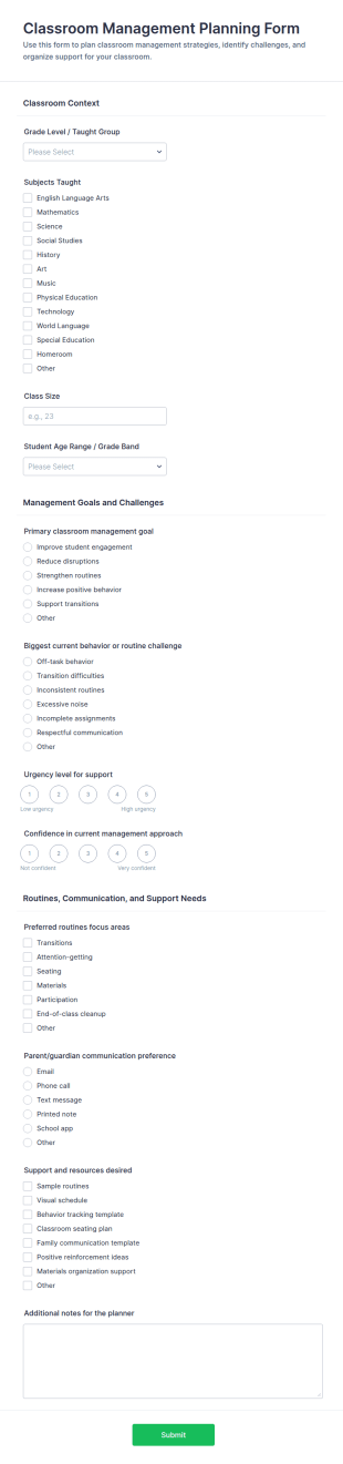 Classroom Management Planning Quiz Form Template