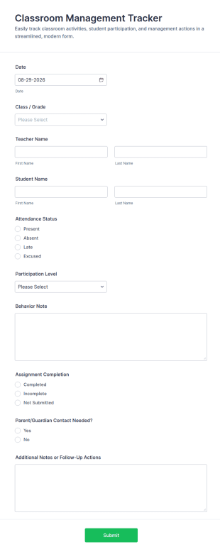Classroom Management Tracker Form Template