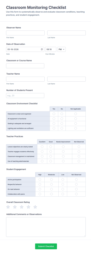 Classroom Monitoring Checklist Form Template