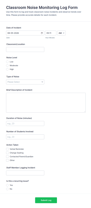 Classroom Noise Monitoring Log Form Template
